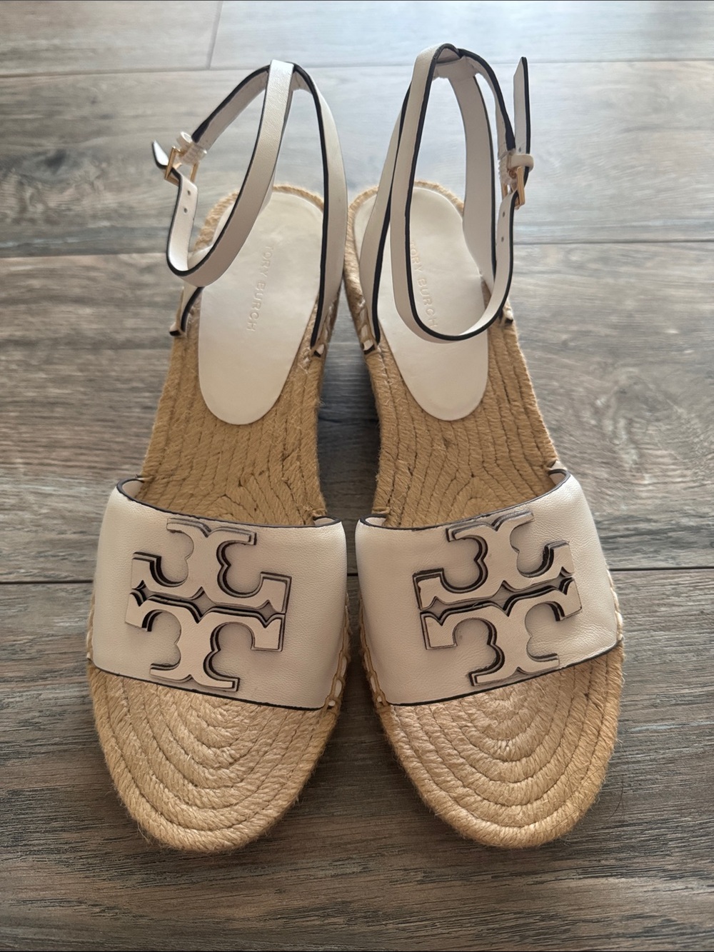 Tory Burch Cream Leather Espadrille Wedges with Logo Strap - Picture 2 of 8